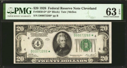 Fr. 2050-D*. 1928 $20 Federal Reserve Star Note. Cleveland. PMG Choice Uncirculated 63 EPQ.

Fully original paper is found on this Choice Uncirculat...