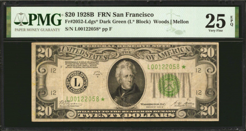 Fr. 2052-Ldgs*. 1928B $20 Federal Reserve Star Note. San Francisco. PMG Very Fin...