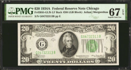 Fr. 2055-GLfb. 1934A $20 Federal Reserve Note. Chicago. PMG Superb Gem Uncirculated 67 EPQ.

LF Back #204. A beautiful Superb Gem example of this Ch...