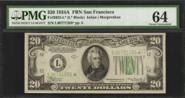 Fr. 2055-L*. 1934A $20 Federal Reserve Star Note. San Francisco. PMG Choice Uncirculated 64.

The sole finest and only uncirculated 1934A San Franci...