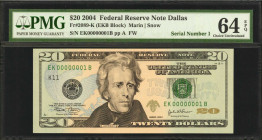 Fr. 2089-K. 2004 $20 Federal Reserve Note. Dallas. PMG Choice Uncirculated 64 EPQ. Serial Number 1.

A nearly Gem "Colorized Big Head" design which ...