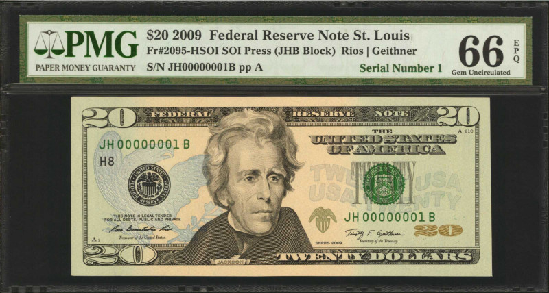 Fr. 2095-HSOI. 2009 $20 Federal Reserve Note. St. Louis. PMG Gem Uncirculated 66...