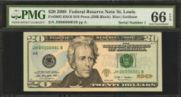 Fr. 2095-HSOI. 2009 $20 Federal Reserve Note. St. Louis. PMG Gem Uncirculated 66 EPQ. Serial Number 1.

A scarce SOI press number one note, that wil...
