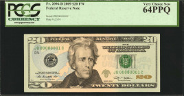 Fr. 2096-D. 2009 FW $20 Federal Reserve Note. Cleveland. PCGS Currency Very Choice New 64 PPQ. Serial Number 1.

This Cleveland district Twenty disp...