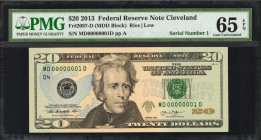 Fr. 2097-D. 2013 $20 Federal Reserve Note. Cleveland. PMG Gem Uncirculated 65 EPQ. Serial Number 1.

An impressive note that showcases a coveted ser...