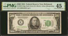 Fr. 2201-Edgs. 1934 $500 Federal Reserve Note. Richmond. PMG Choice Extremely Fine 45.

Appealing bright paper is noticed on this mid-grade 1934 Ser...
