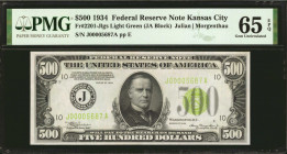 Fr. 2201-Jlgs. 1934 $500 Federal Reserve Note. Kansas City. PMG Gem Uncirculated 65 EPQ.

1934 Light Green Seal $500s were issued on bright white pa...