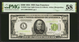 Fr. 2201-Llgs. 1934 $500 Federal Reserve Note. San Francisco. PMG Choice About Uncirculated 58.

Light green seal. Bright paper and attractive overp...