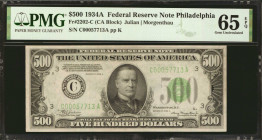 Fr. 2202-C. 1934A $500 Federal Reserve Note. Philadelphia. PMG Gem Uncirculated 65 EPQ.

Gem $500's are always hotly sought after by collectors, and...