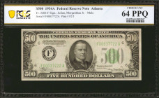 Fr. 2202-F. 1934A $500 Federal Reserve Mule Note. Atlanta. PCGS Banknote Choice Uncirculated 64 PPQ.

An excellent offering of this nearly Gem Chica...
