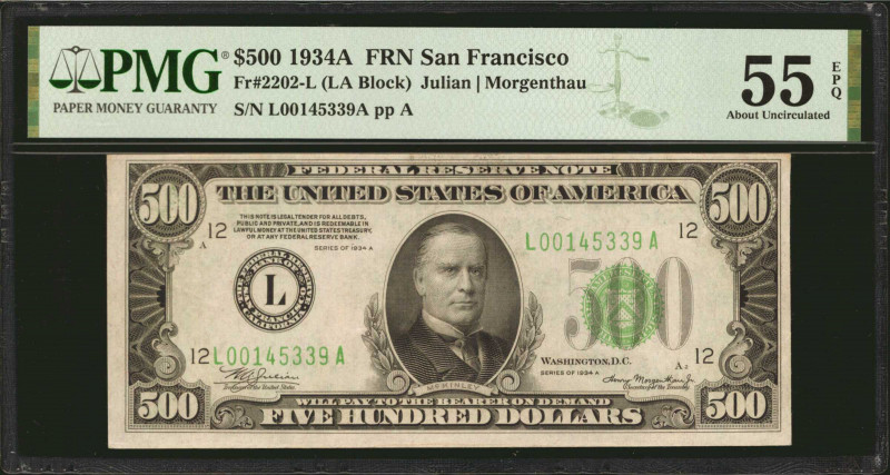 Fr. 2202-L. 1934A $500 Federal Reserve Note. San Francisco. PMG About Uncirculat...