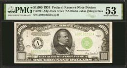Fr. 2211-Adgs. 1934 $1000 Federal Reserve Note. Boston. PMG About Uncirculated 53.

Dark green seal. A bright example of this Boston One-Thousand, w...