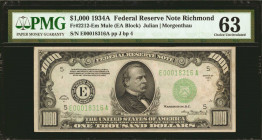 Fr. 2212-Em. 1934A $1000 Federal Reserve Mule Note. Richmond. PMG Choice Uncirculated 63.

Plate J. Back Plate 4. An awesome example of this Mule Th...