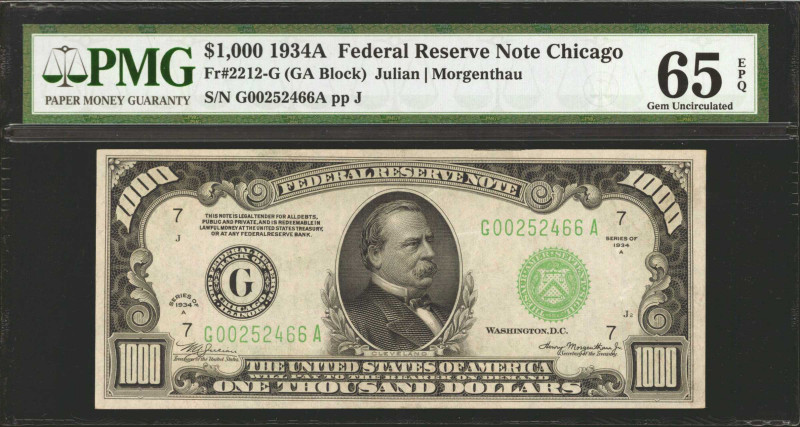 Fr. 2212-G. 1934A $1000 Federal Reserve Note. Chicago. PMG Gem Uncirculated 65 E...