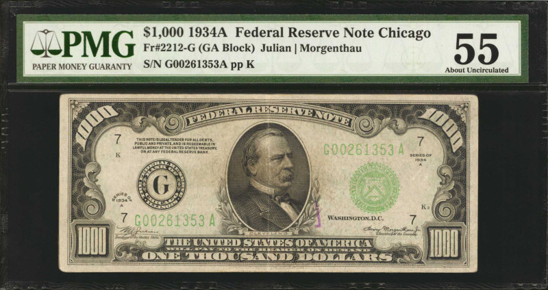 Fr. 2212-G. 1934A $1000 Federal Reserve Note. Chicago. PMG About Uncirculated 55...