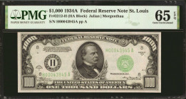 Fr. 2212-H. 1934A $1000 Federal Reserve Note. St. Louis. PMG Gem Uncirculated 65 EPQ.

A difficult district to obtain in any grade, especially so in...