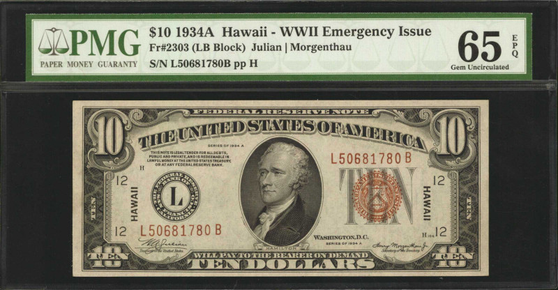 Fr. 2303. 1934A $10 Hawaii Emergency Note. PMG Gem Uncirculated 65 EPQ.

Close...