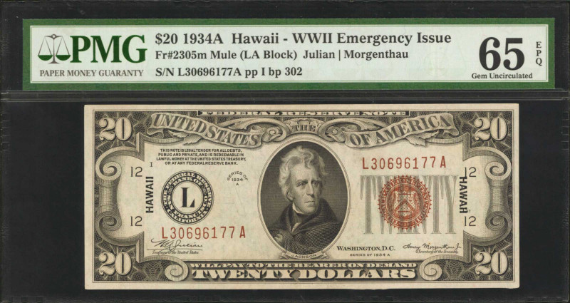 Fr. 2305m. 1934A $20 Hawaii Emergency Mule Note. PMG Gem Uncirculated 65 EPQ.
...