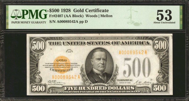 Fr. 2407. 1928 $500 Gold Certificate. PMG About Uncirculated 53.

One of the k...