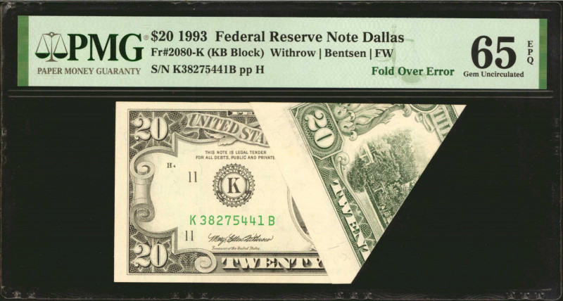 Fr. 2080-K. 1993 $20 Federal Reserve Note. Dallas. PMG Gem Uncirculated 65 EPQ. ...