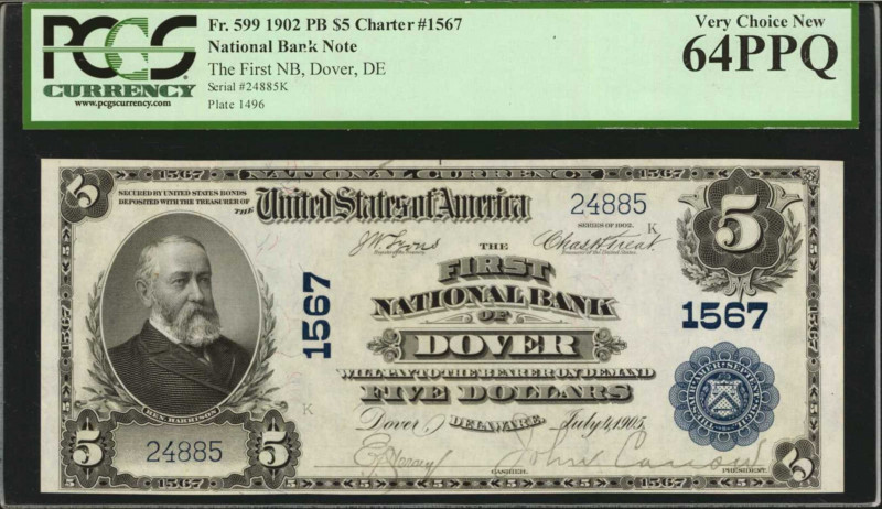 Dover, Delaware. $5 1902 Plain Back. Fr. 599. The First NB. Charter #1567. PCGS ...