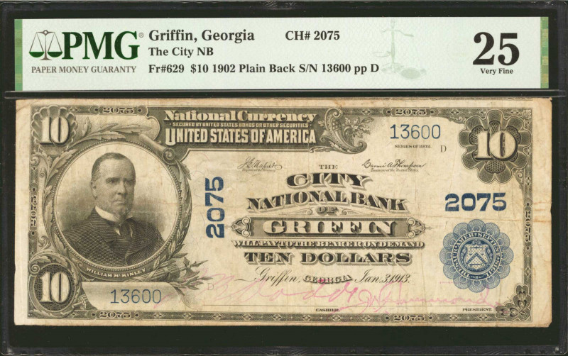 Griffin, Georgia. $10 1902 Plain Back. Fr. 629. The City NB. Charter #2075. PMG ...