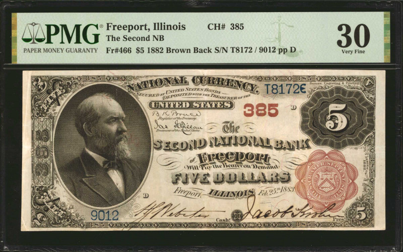 Freeport, Illinois. $5 1882 Brown Back. Fr. 466. The Second NB. Charter #385. PM...