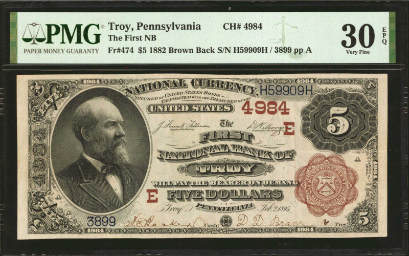 Troy, Pennsylvania. $5 1882 Brown Back. Fr. 474. The First NB. Charter #4984. PM...