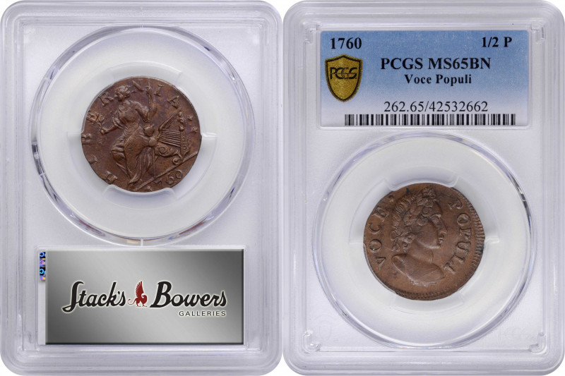 1760 Voce Populi Halfpenny. Nelson-4, W-13820. Rarity-3. MS-65 BN (PCGS).

An ...