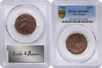 1760 Voce Populi Halfpenny. Nelson-4, W-13820. Rarity-3. MS-65 BN (PCGS).

An astounding level of preservation for the type, this beautiful Gem is t...