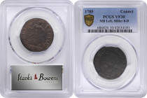 1785 Connecticut Copper. Miller 8-D, W-2455. Rarity-5+. Mailed Bust Left. VF-30 (PCGS).

144.2 grains. A remarkably sharp example of this rare die v...