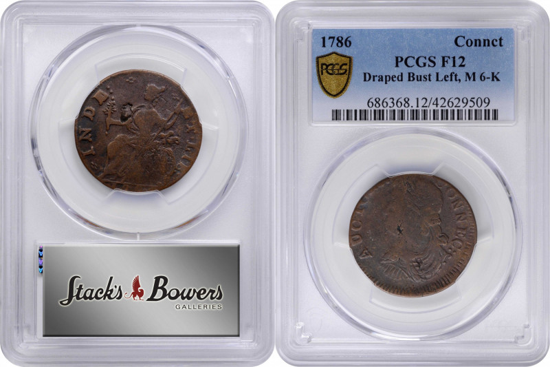 1786 Connecticut Copper. Miller 6-K, W-2690. Rarity-5. Draped Bust Left. Fine-12...