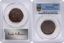 1786 Connecticut Copper. Miller 6-K, W-2690. Rarity-5. Draped Bust Left. Fine-12 (PCGS).

126.8 grains. A challenging major variety of Connecticut c...