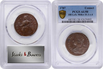 1787 Connecticut Copper. Miller 31.1-r.4, W-3200. Rarity-2. Draped Bust Left. AU-58 (PCGS).

147.4 grains. Frosty reddish-brown surfaces displaying ...