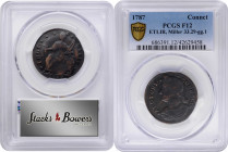 1787 Connecticut Copper. Miller 33.29-Z.25, W-3800. Rarity-7+. Draped Bust Left. Fine-12 (PCGS).

131.6 grains. A significant offering of an extreme...