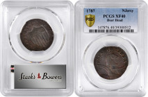 1787 New Jersey Copper. Maris 34-J, W-5115. Rarity-3. Sprig Above Plow, Deer Head--Overstruck on a Connecticut Copper--EF-40 (PCGS).

A lovely examp...