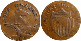 1787 New Jersey Copper. Maris 34-J, W-5115. Rarity-3. Sprig Above Plow, Deer Head--Overstruck on a Draped Bust Left Connecticut Copper--VF-30 (PCGS)....