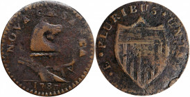 1787 New Jersey Copper. Maris 37-J, W-5140. Rarity-5+. No Sprig Above Plow, Goiter. Fine-15 (PCGS).

161.7 grains. Glints of brick-red and emerald-o...