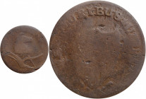 1787 New Jersey Copper. Maris 40-b, W-5200. Rarity-5+. Sprig Above Plow, Llama Head--Overstruck on a Connecticut Copper--AG-3 (PCGS).

129.46 grains...