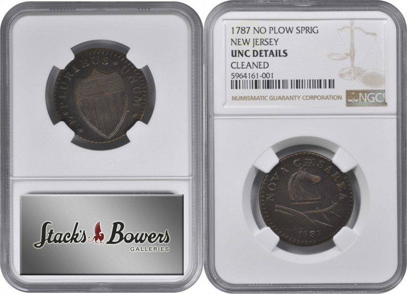 1787 New Jersey Copper. Maris 43-d, W-5225. Rarity-1. No Sprig Above Plow. Unc D...