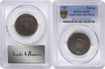 1787 New Jersey Copper. Maris 46-e, W-5250. Rarity-1. No Sprig Above Plow, Clashed Die. AU-55 (PCGS).

An outstanding and very choice example of the...