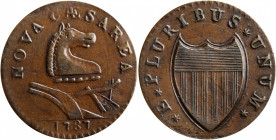 1787 New Jersey Copper. Maris 48-g, W-5275. Rarity-1. No Sprig Above Plow, Outlined Shield. AU-50 (PCGS).

140.58 grains. A well made piece, common ...