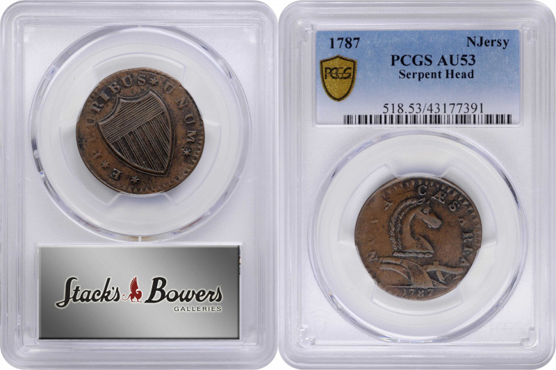 1787 New Jersey Copper. Maris 54-k, W-5295. Rarity-3. No Sprig Above Plow, Serpe...