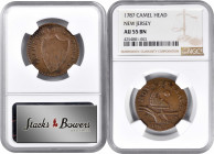 1787 New Jersey Copper. Maris 56-n, W-5310. Rarity-1. No Sprig Above Plow, Camel Head--Overstruck on a 1787 Connecticut Copper--AU-55 BN (NGC).

A h...