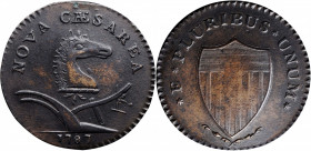 1787 New Jersey Copper. Maris 63-s, W-5375. Rarity-2. Sprig Above Plow. EF-45 (PCGS).

156.68 grains. Deep steely-olive patina with glints of lighte...