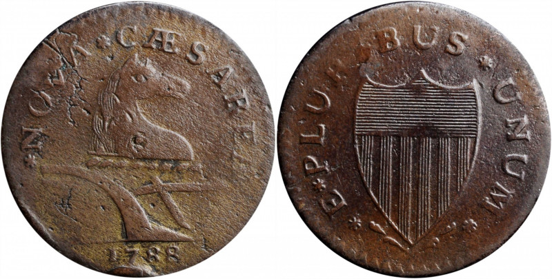 1788 New Jersey Copper. Maris 66-v, W-5505. Rarity-5+. Head Right, Braided Mane....