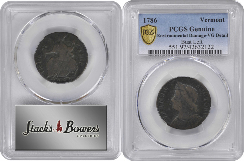 1786 Vermont Copper. RR-10, Bressett 8-G, W-2045. Rarity-4. Bust Left. VG Detail...