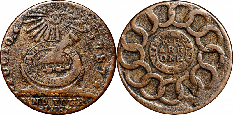 1787 Fugio Copper. Club Rays. Newman 2-C, W-6630. Rarity-6. Concave Ends, FUCIO,...