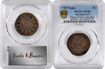 1787 Fugio Copper. Pointed Rays. Newman 13-N, W-6845. Rarity-5. STATES UNITED, 4 Cinquefoils. VF-30 (PCGS).

Pleasing medium brown surfaces with som...