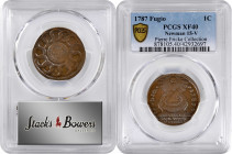 1787 Fugio Copper. Pointed Rays. Newman 15-V, W-6910. Rarity-5. STATES UNITED, 4 Cinquefoils. EF-40 (PCGS).

An unusually choice example of this elu...